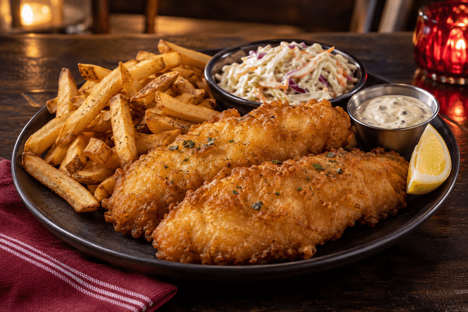 Wisconsin fish fry with fries and coleslaw